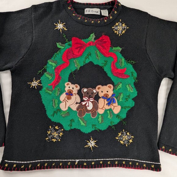 VTG Black Chunky Knit Holiday Wreath Teddy Bears Bow Snow Embroidered Sweater - Picture 2 of 6